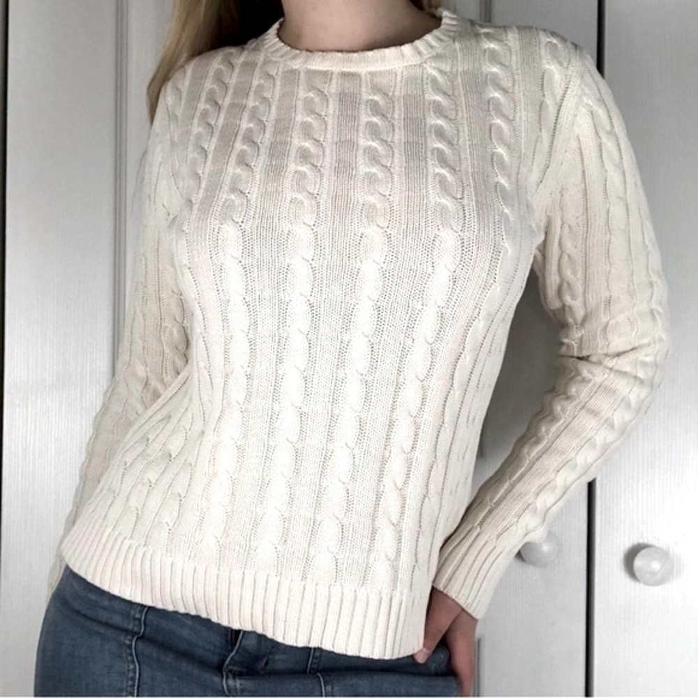 L.L. Bean Women's Cream Cable Knit Crewneck Sweater